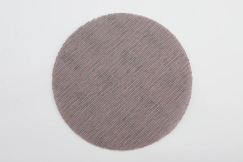 Brown round sanding disc with mesh pattern, aluminum oxide abrasive, white background product image