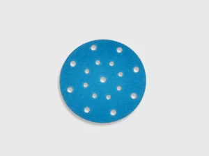 E-commerce ready product image of blue zirconia alumina sanding disc with multiple dust extraction holes