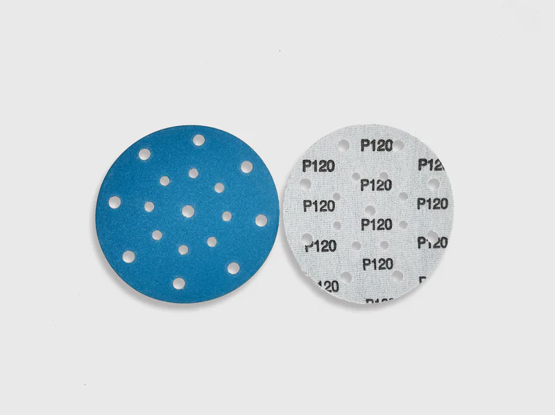 Blue zirconia alumina sanding disc with P120 grit, multiple holes, e-commerce product image