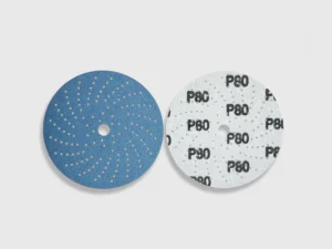 E-commerce product image of blue zirconia sanding disc, 6 inch diameter, PSA backing, 80 grit, on white background