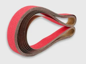 White background product image of ceramic sanding disc, red color, 120 grit, e-commerce ready, professional abrasive