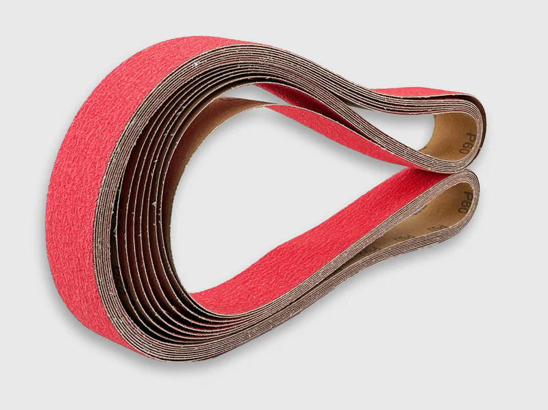 White background product image of ceramic sanding disc, red color, 120 grit, e-commerce ready, professional abrasive