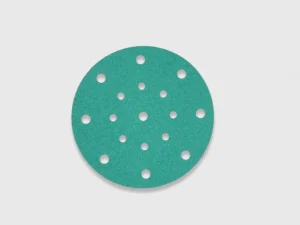 Green sanding disc product image, zirconia film abrasive, multiple holes, 6 inch, white background