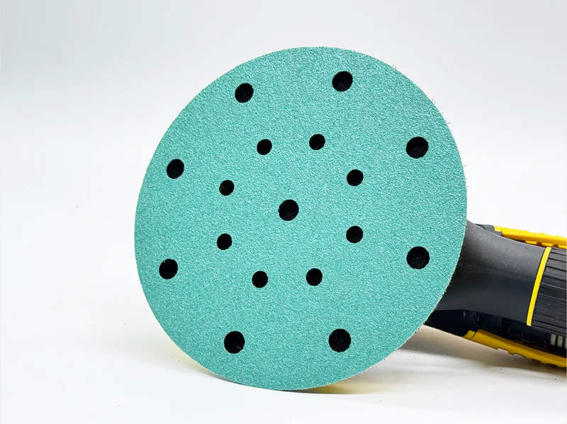 Green zirconia film sanding disc product image on white background, 6 inch diameter, 120 grit, hook & loop backing