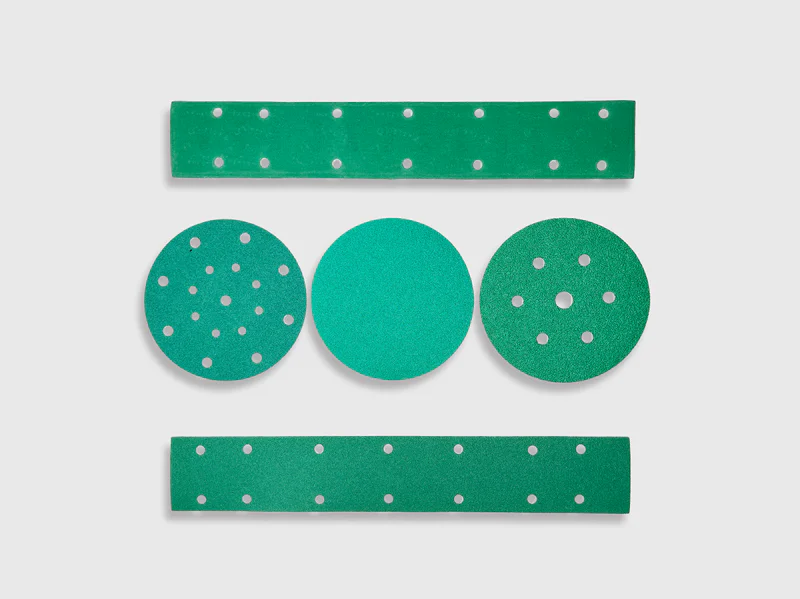 Green zirconia film sanding disc, 6 inch diameter, PSA backing, professional abrasive product image on white background