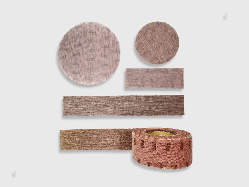 Brown aluminum oxide mesh net sanding discs and strips, e-commerce product image on white background