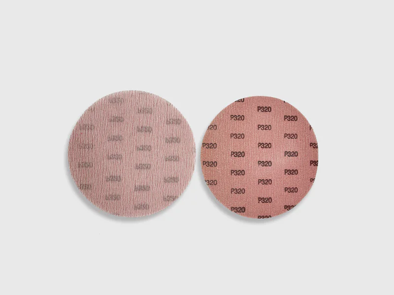Product image of two brown mesh net sanding discs P320 grit, aluminum oxide abrasive, white background