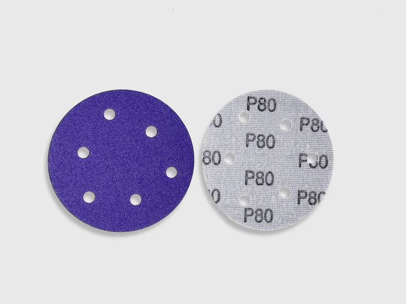 Purple sanding disc product image, P80 grit, zirconia alumina abrasive, holes, white background, e-commerce ready