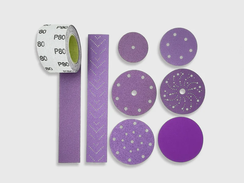 Purple zirconia alumina sanding discs and abrasive strips, e-commerce ready product image, white background