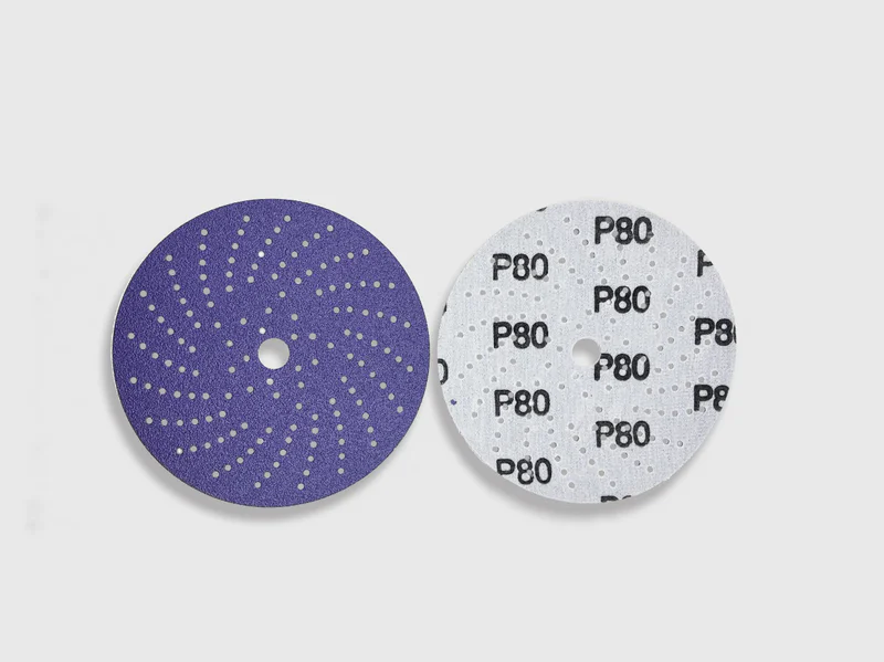 E-commerce product image of two purple zirconia alumina sanding discs with perforations and grit markings on white background