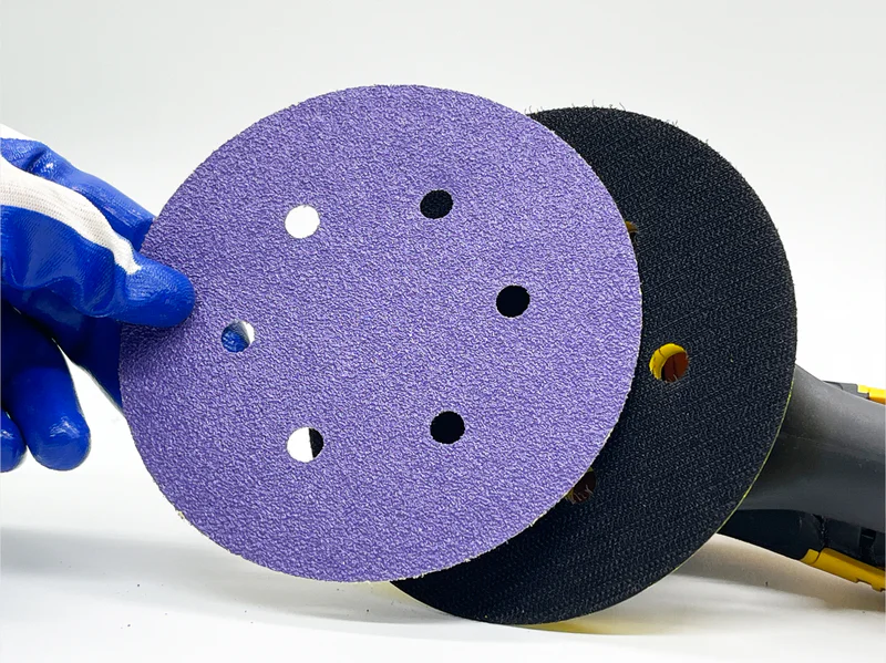 Purple ceramic paper sanding disc product image, 150mm diameter, P80 grit, white background, e-commerce catalog photo