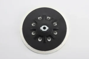 Black sanding disc product image with 8 holes, aluminum oxide abrasive, white background, e-commerce ready