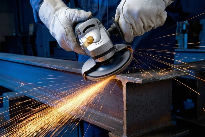 Structural steel processing with flap discs under heavy grinding pressure